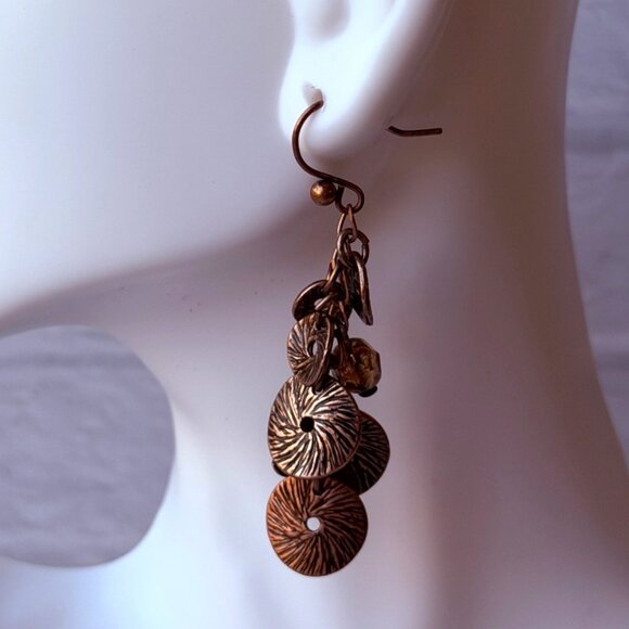 Vintage 1990s Chico’s Copper Medallion Cluster Dangle Earrings Amber Beads NOS - Picture 2 of 9